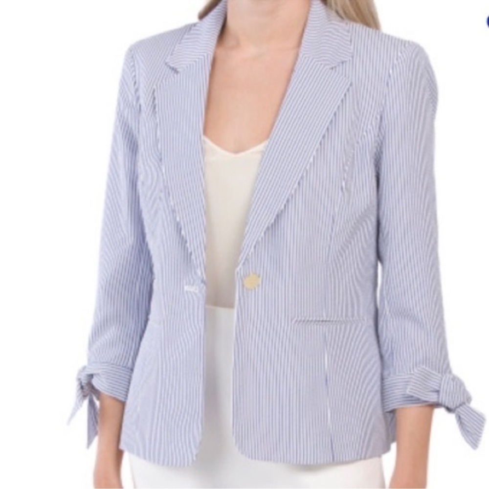 Anne Klein Seersucker Blue and White Striped Blazer Bow Tie Cuff Size Large - Picture 9 of 9
